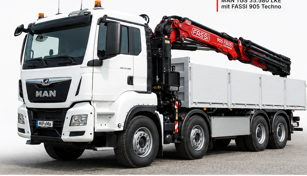 Weißer MAN TGS 35.580 LKE mit rotem Fassi 905 Techno Ladekran